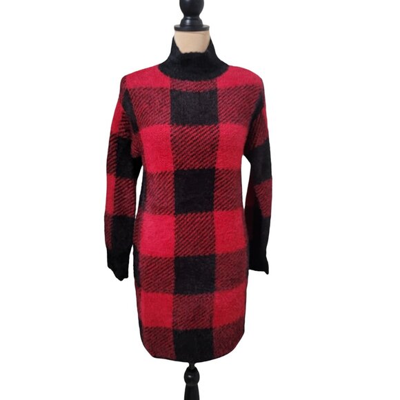 SO Size S Red & Black Buffalo Plaid Check Super Soft Fuzzy Sweater Dress - Picture 1 of 12